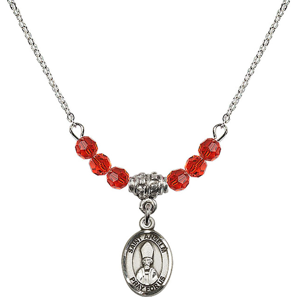 Sterling Silver Saint Anselm of Canterbury Birthstone Necklace with Ruby Beads - 9342