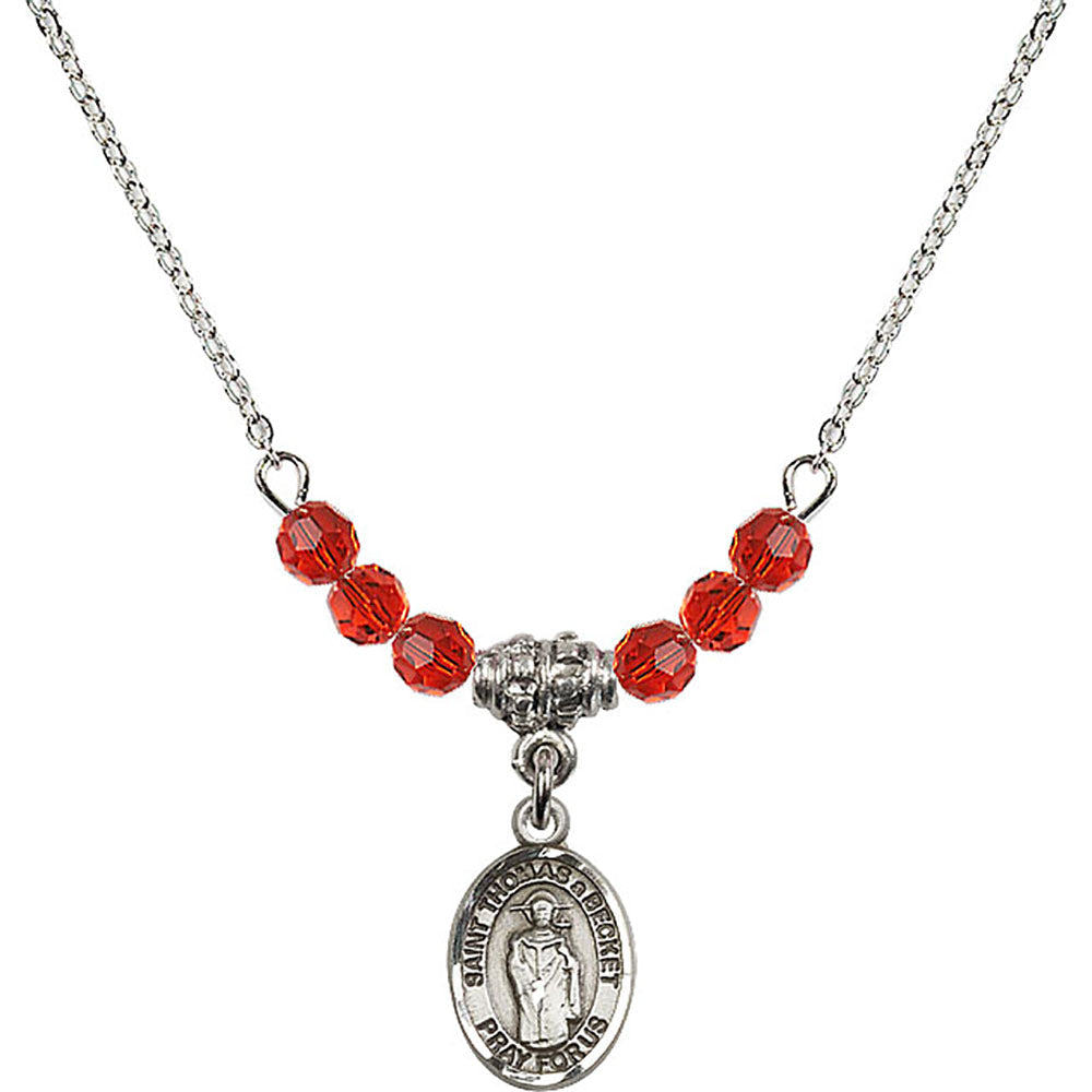 Sterling Silver Saint Thomas A Becket Birthstone Necklace with Ruby Beads - 9344