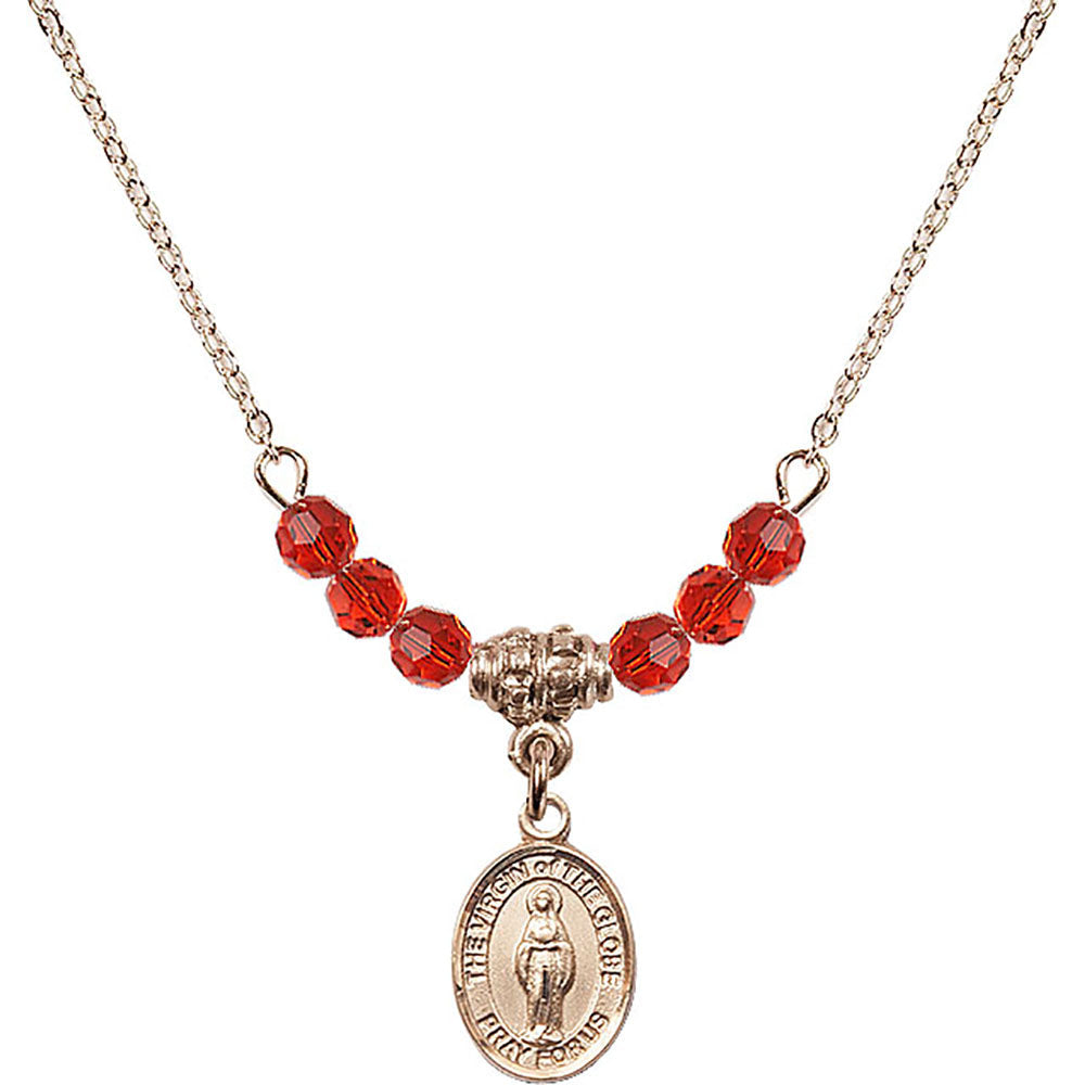 14kt Gold Filled Virgin of the Globe Birthstone Necklace with Ruby Beads - 9345