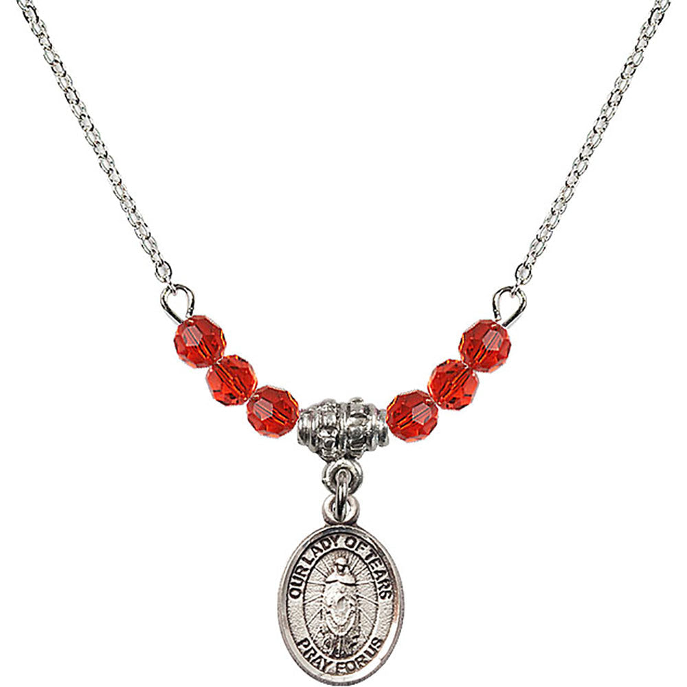 Sterling Silver Our Lady of Tears Birthstone Necklace with Ruby Beads - 9346