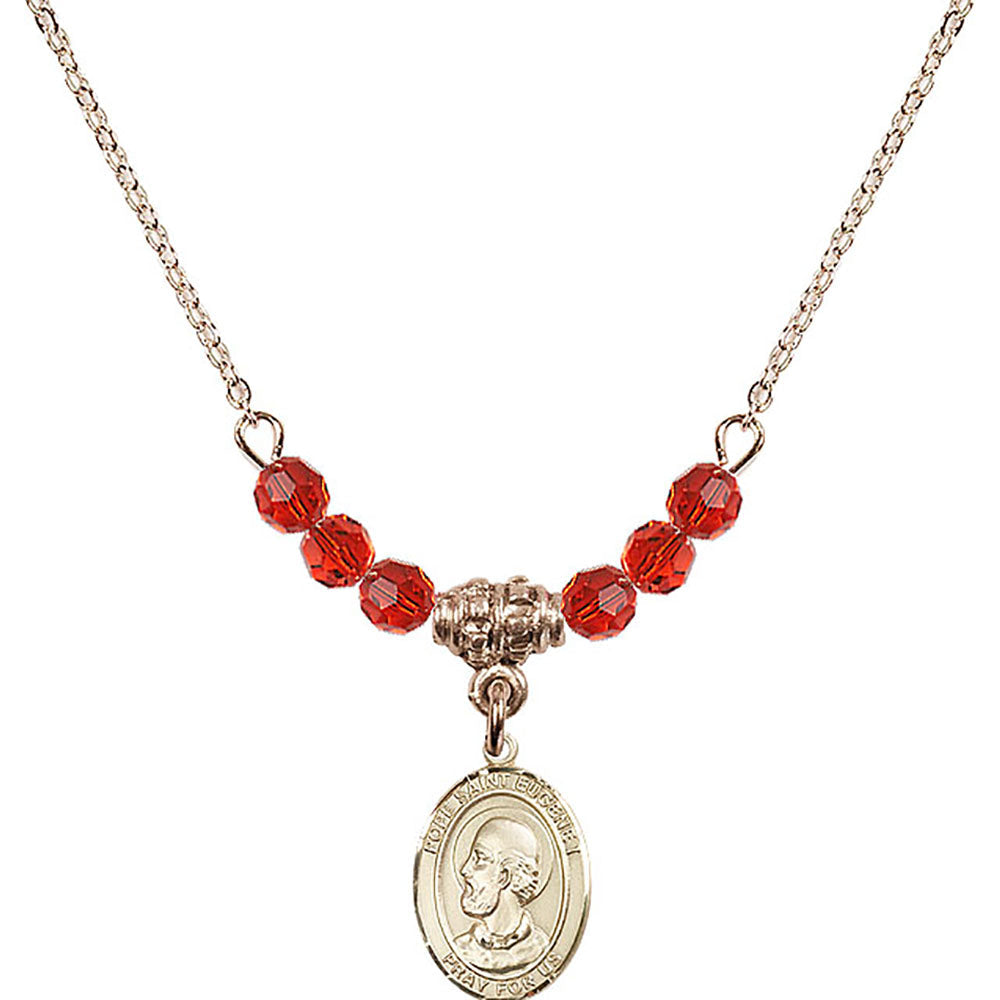14kt Gold Filled Pope Saint Eugene I Birthstone Necklace with Ruby Beads - 9352