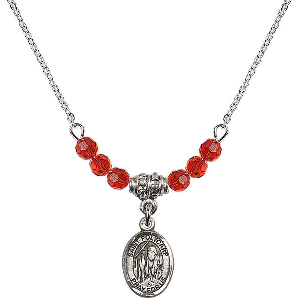 Sterling Silver Saint Polycarp of Smyrna Birthstone Necklace with Ruby Beads - 9363