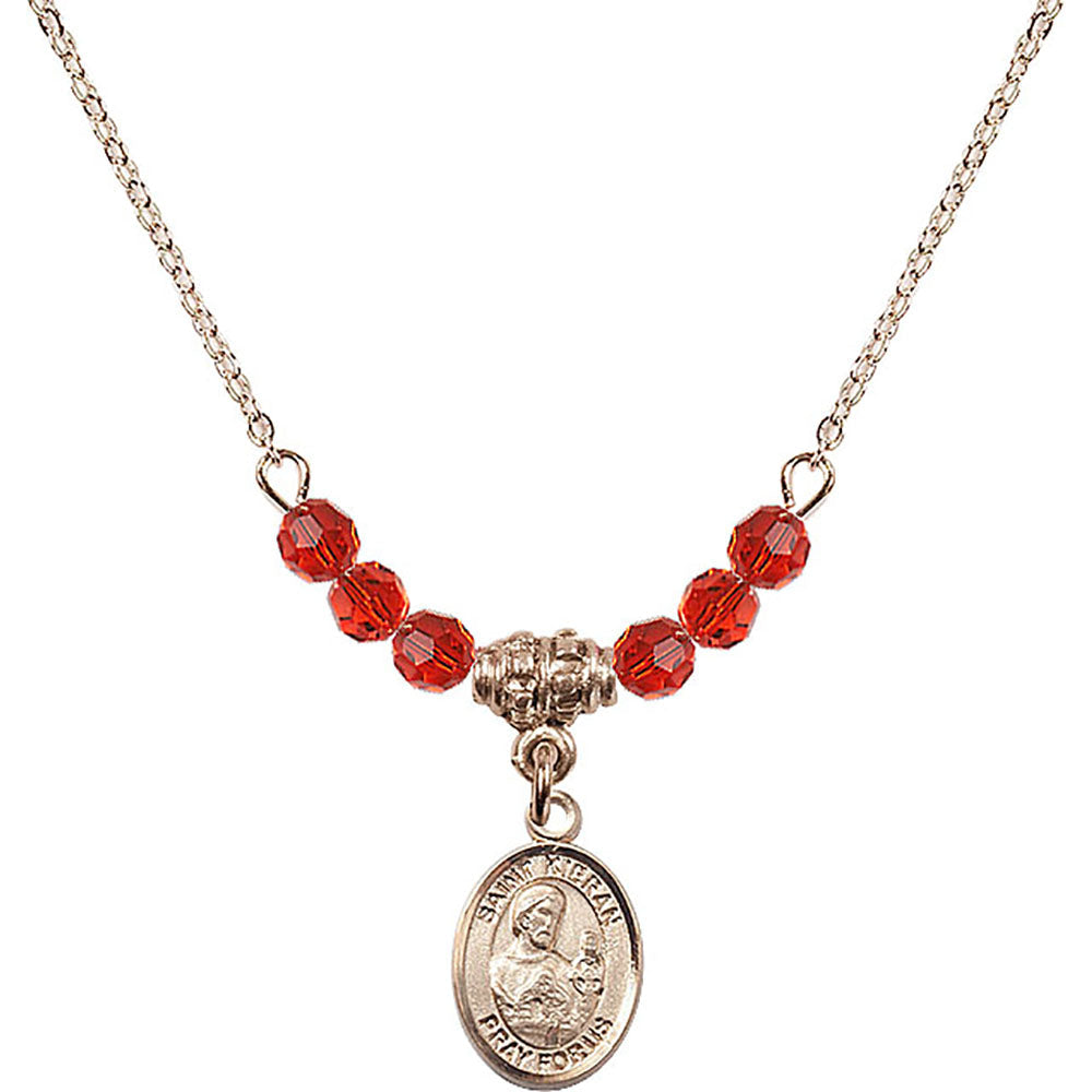 14kt Gold Filled Saint Kieran Birthstone Necklace with Ruby Beads - 9367