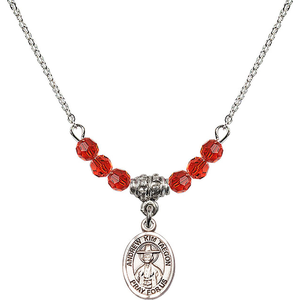 Sterling Silver Saint Andrew Kim Taegon Birthstone Necklace with Ruby Beads - 9373