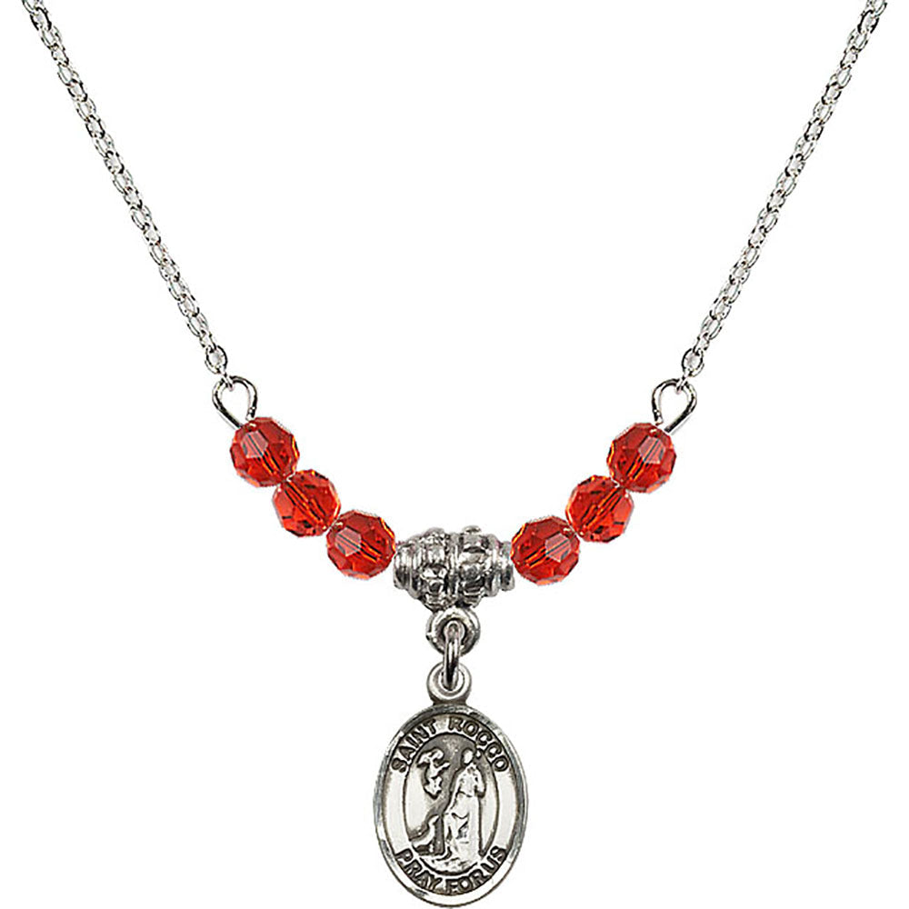 Sterling Silver Saint Rocco Birthstone Necklace with Ruby Beads - 9377