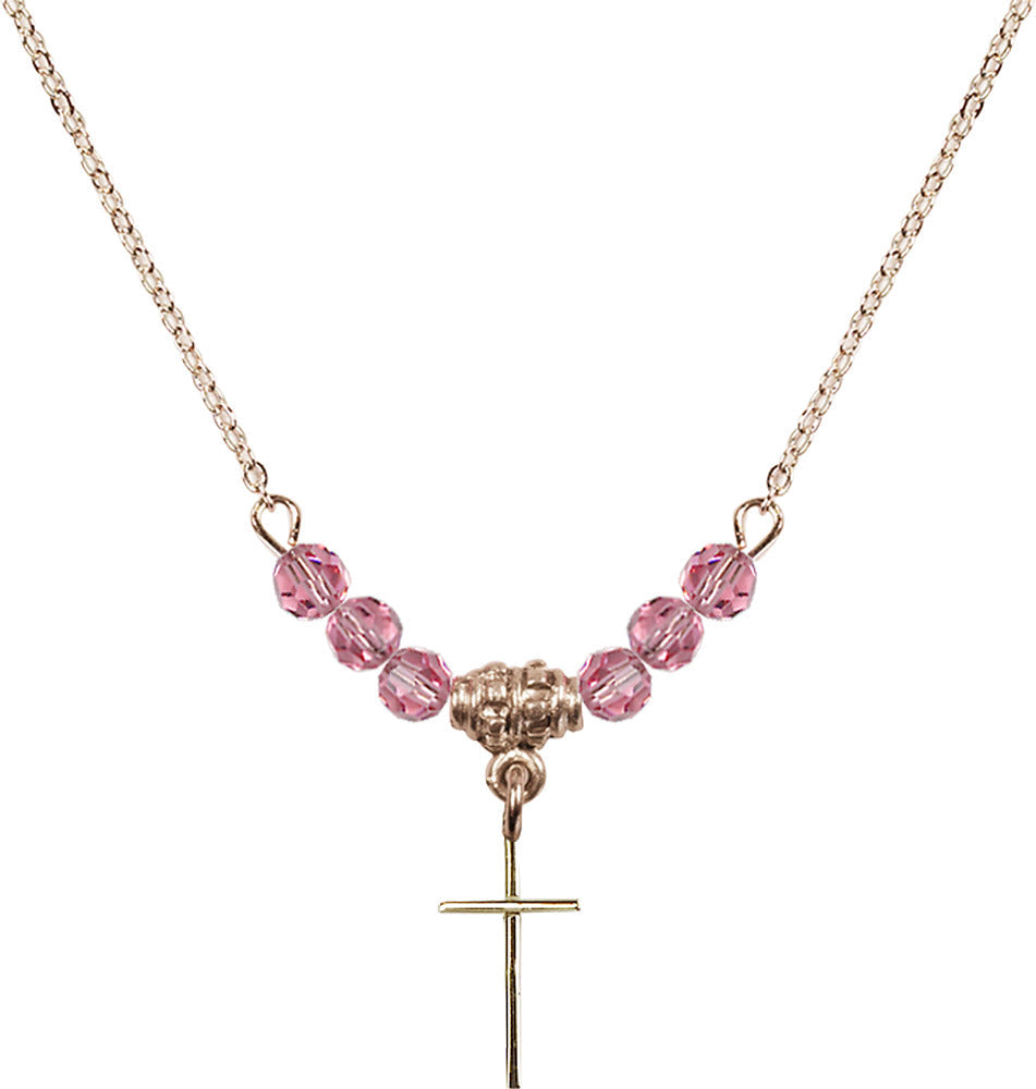 14kt Gold Filled Cross Birthstone Necklace with Rose Beads - 0014
