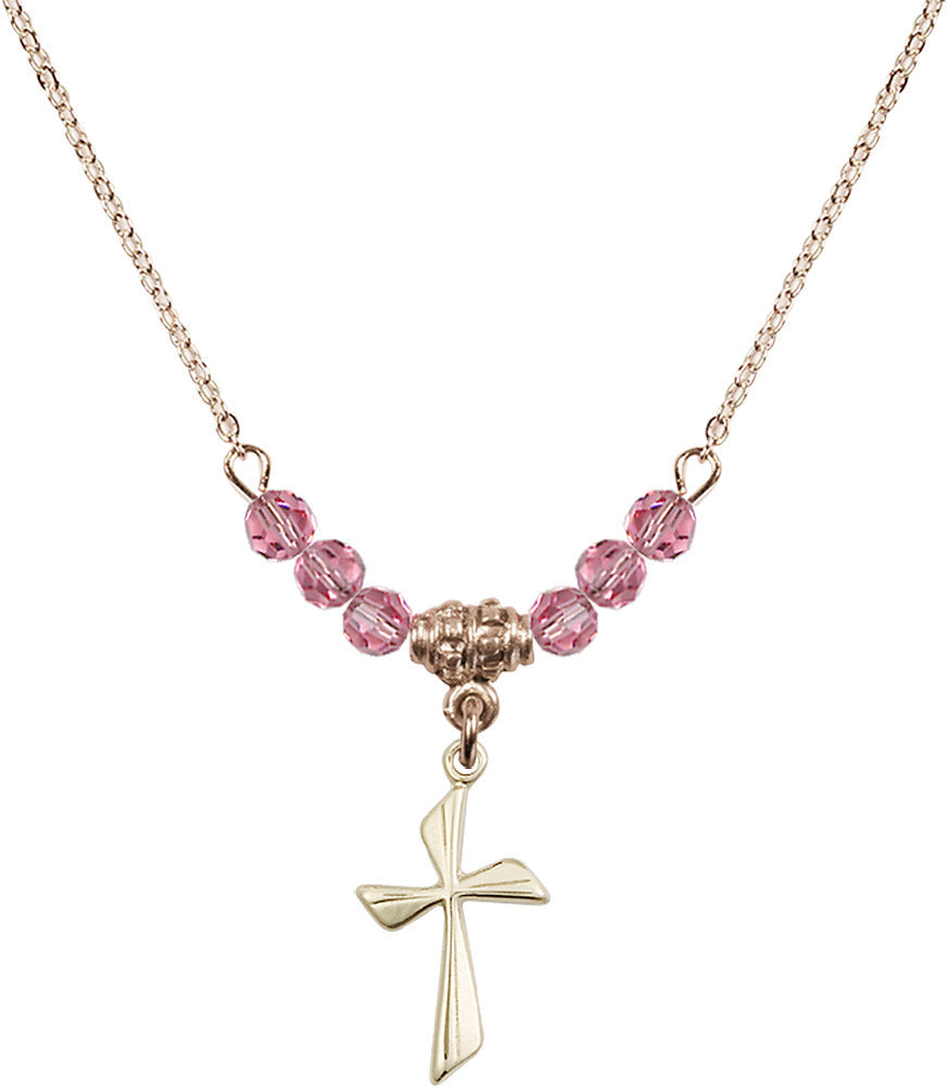 14kt Gold Filled Cross Birthstone Necklace with Rose Beads - 0016