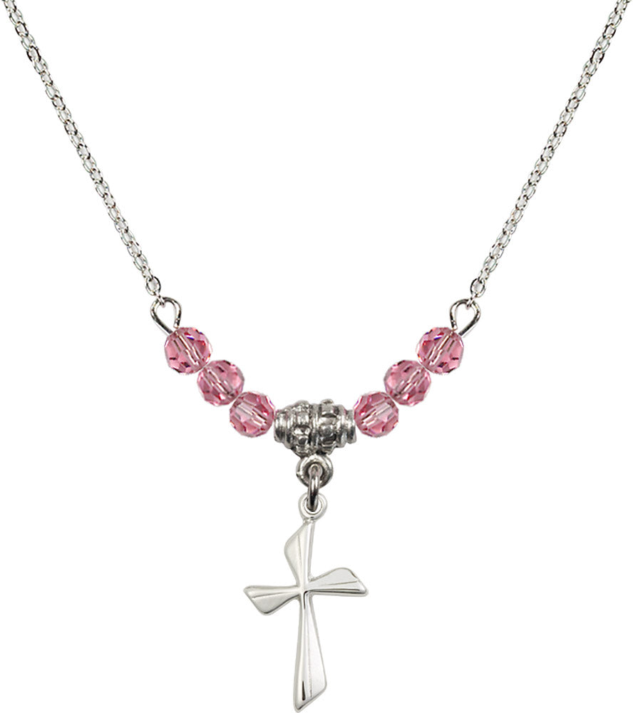 Sterling Silver Cross Birthstone Necklace with Rose Beads - 0016