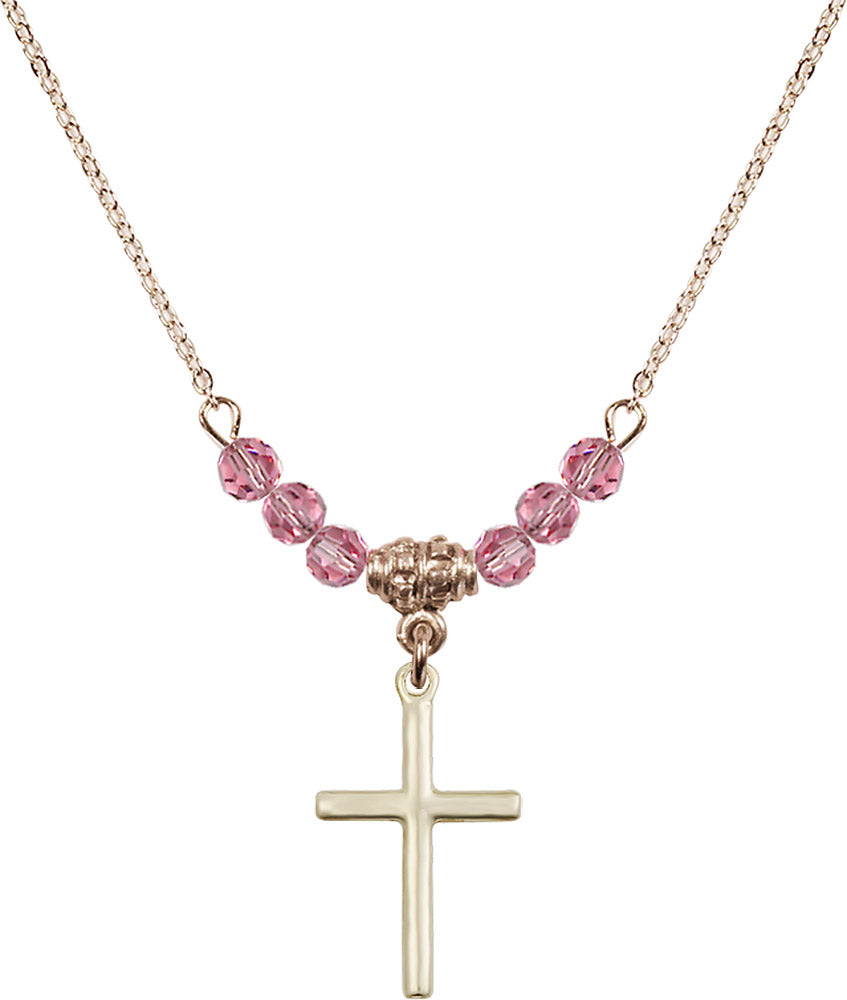 14kt Gold Filled Cross Birthstone Necklace with Rose Beads - 0017