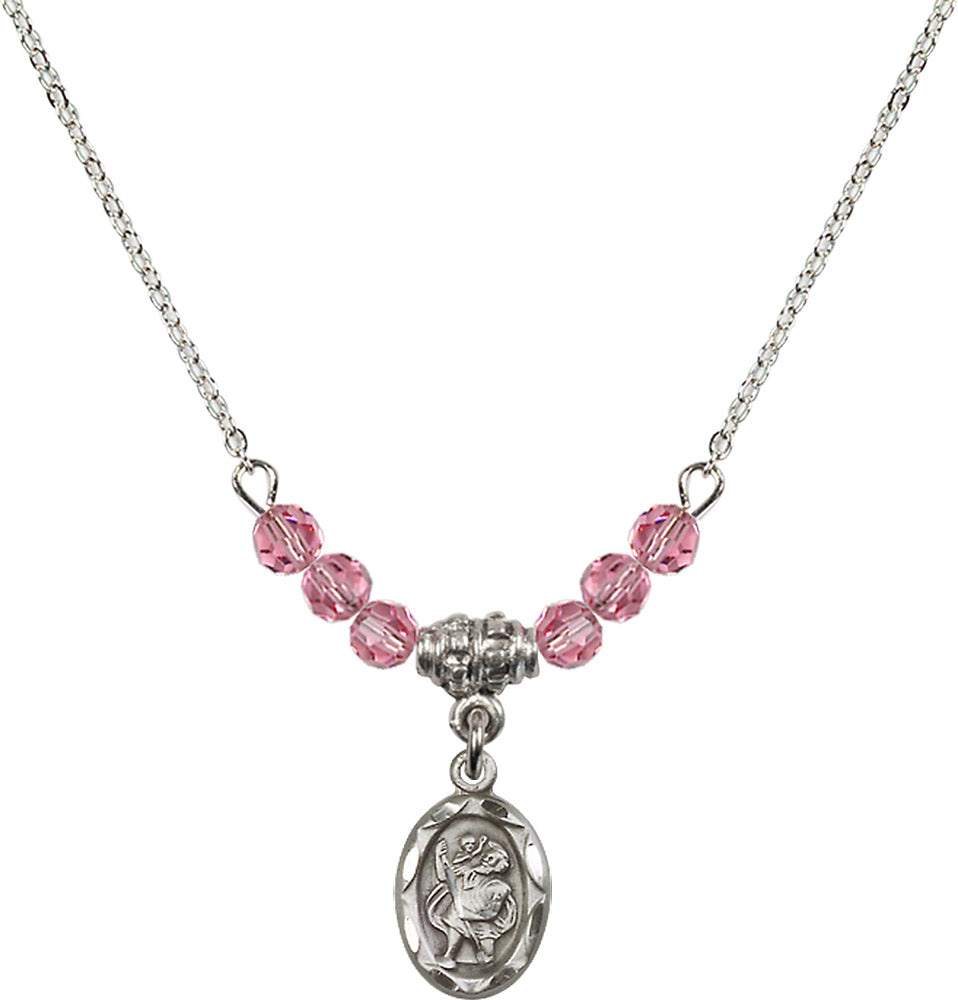 Sterling Silver Saint Christopher Birthstone Necklace with Rose Beads - 0301