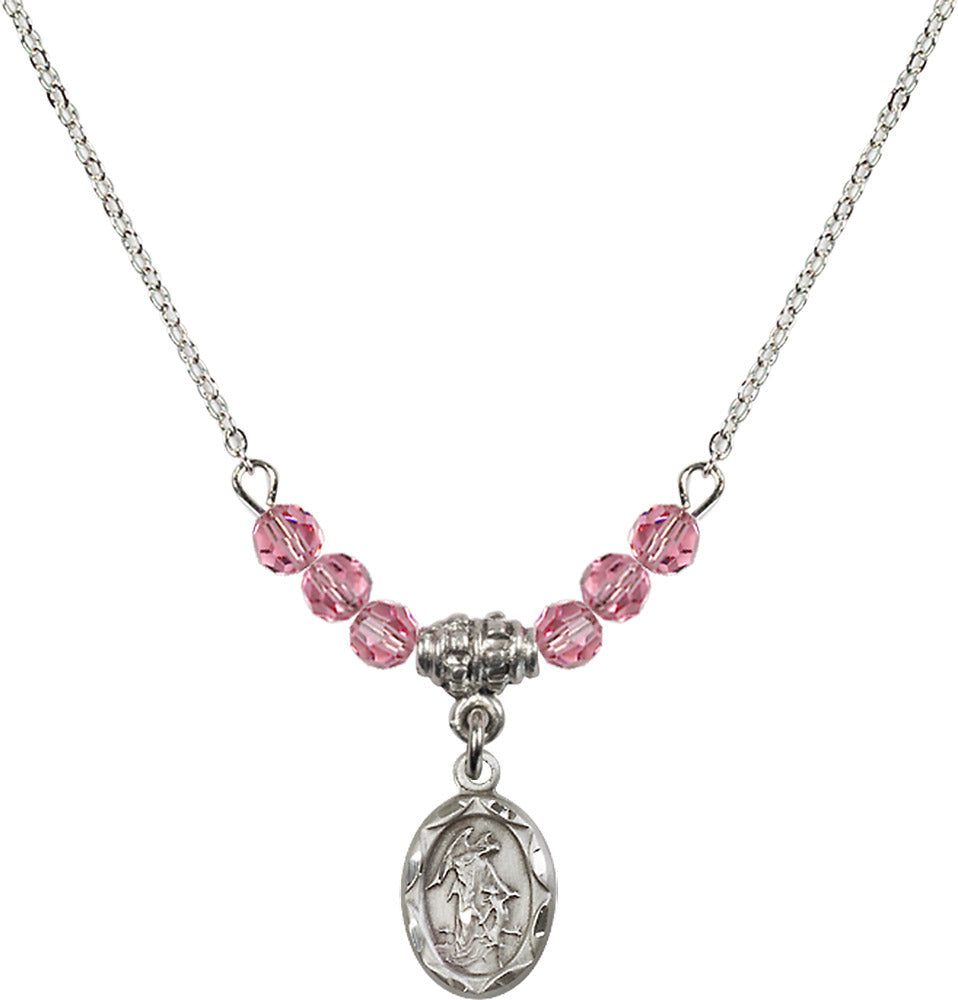 Sterling Silver Guardian Angel Birthstone Necklace with Rose Beads - 0301