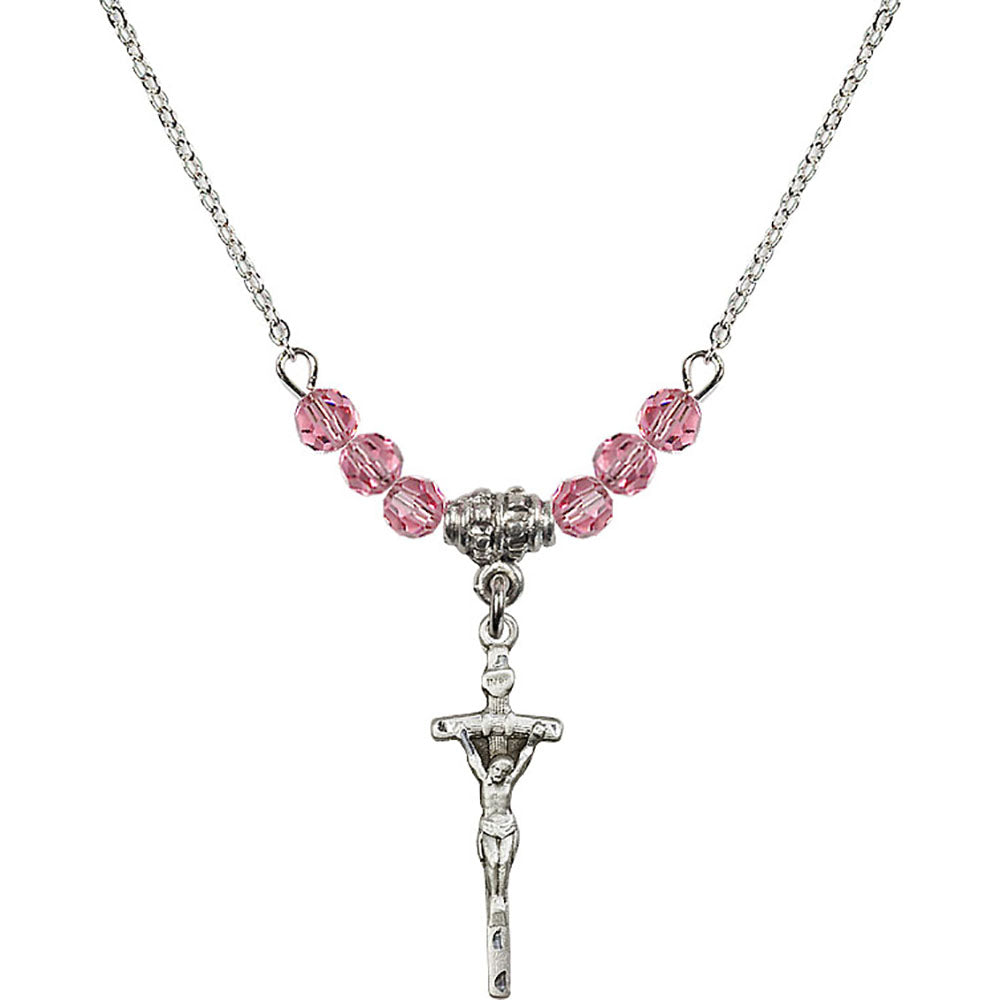 Sterling Silver Papal Crucifix Birthstone Necklace with Rose Beads - 0563