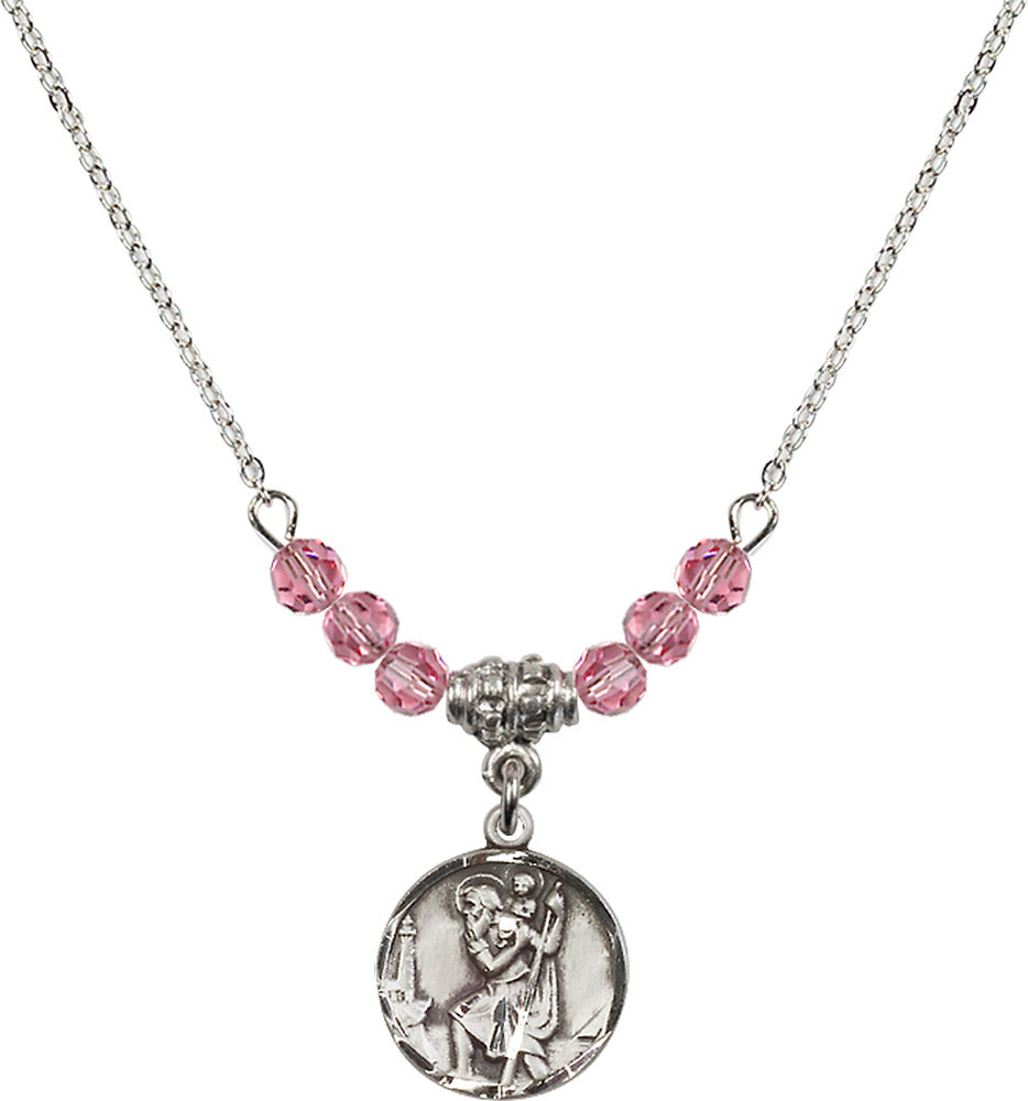 Sterling Silver Saint Christopher Birthstone Necklace with Rose Beads - 0601