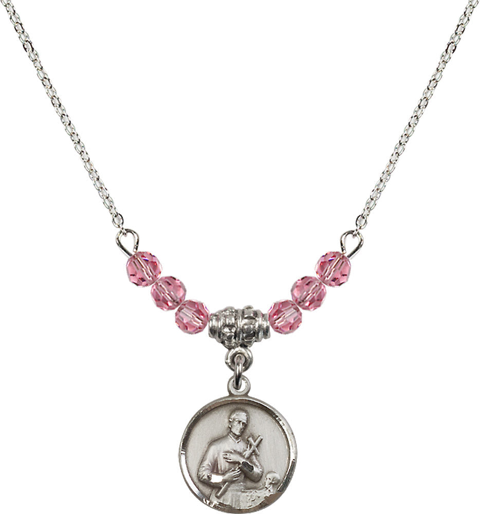 Sterling Silver Saint Gerard Birthstone Necklace with Rose Beads - 0601