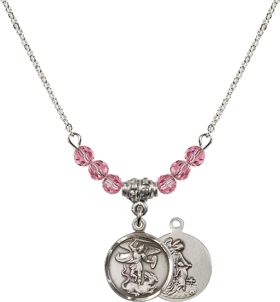 Sterling Silver Saint Michael the Archangel Birthstone Necklace with Rose Beads - 0601