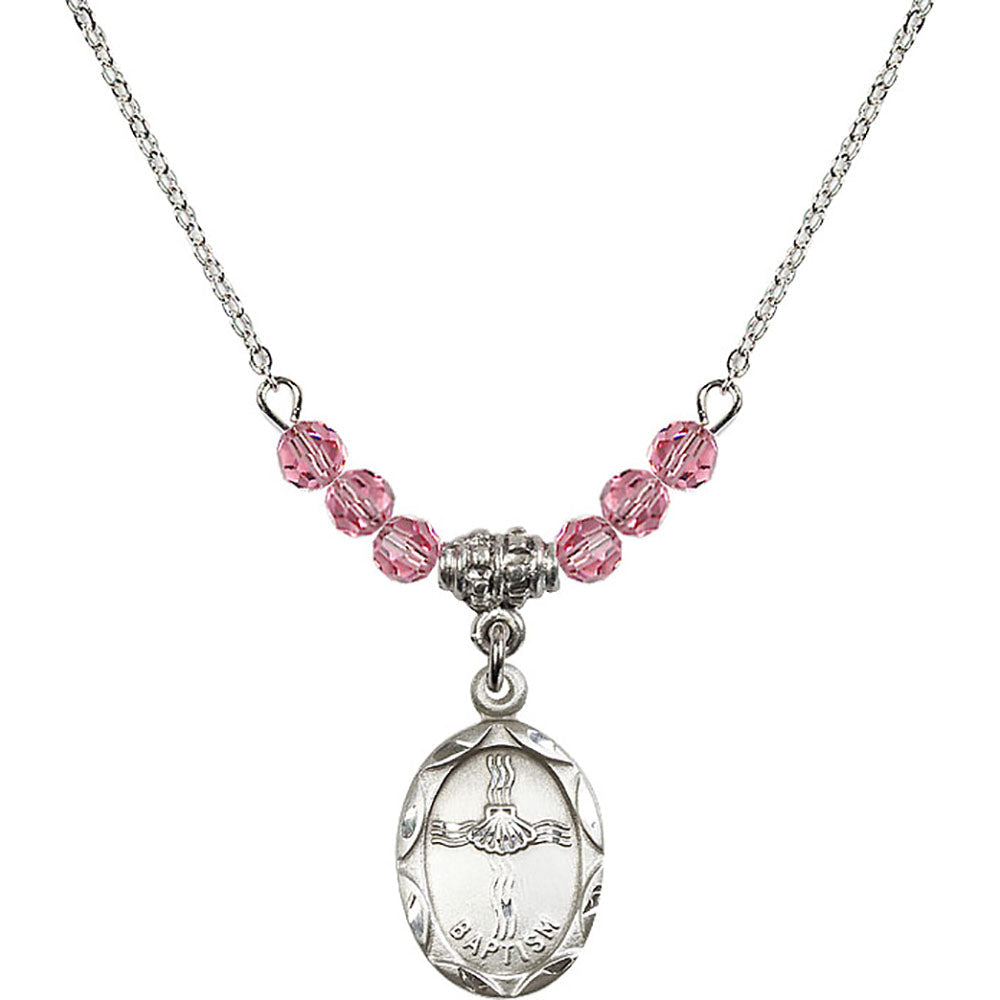 Sterling Silver Baptism Birthstone Necklace with Rose Beads - 0612