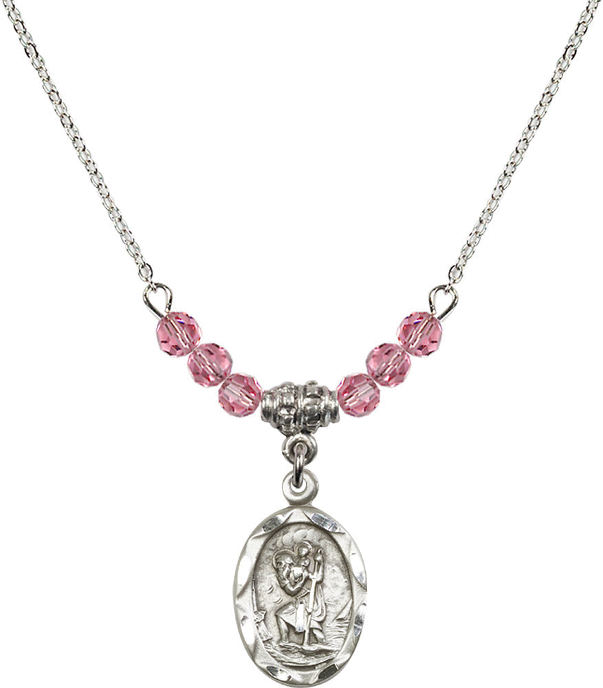 Sterling Silver Saint Christopher Birthstone Necklace with Rose Beads - 0612