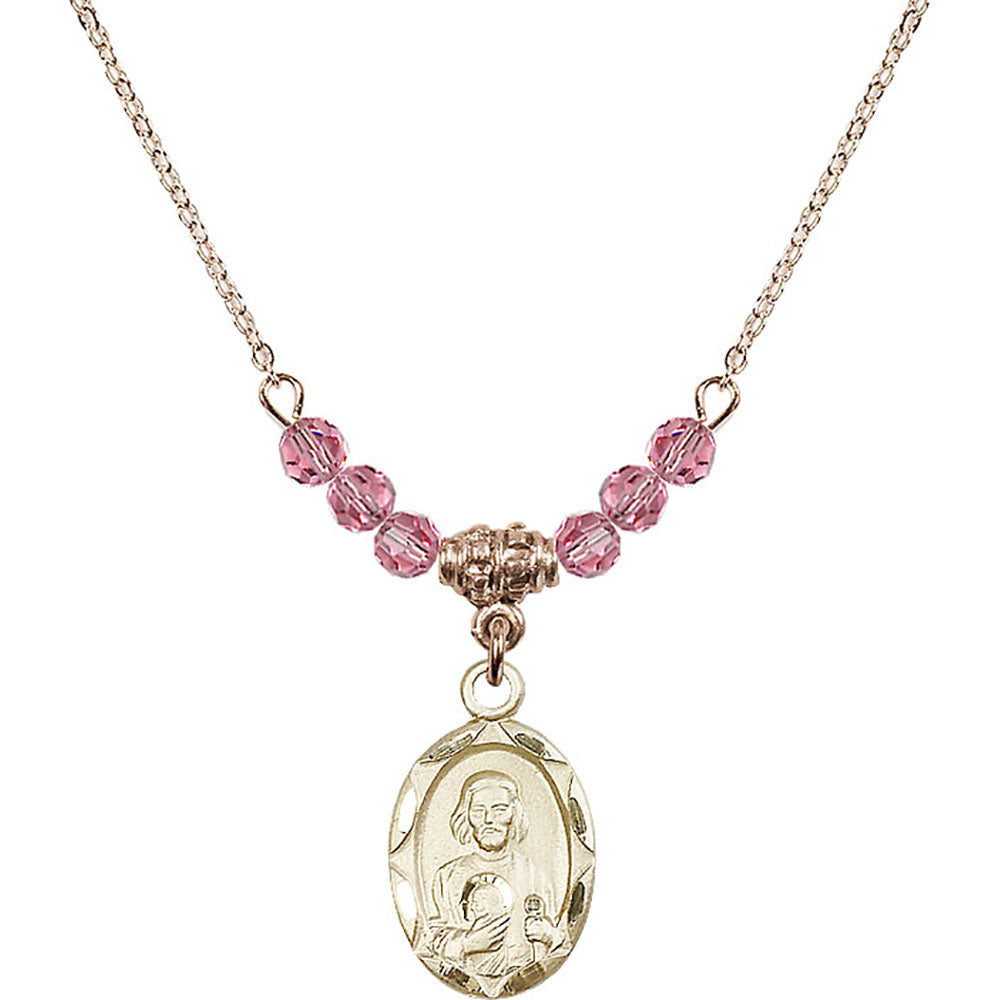 14kt Gold Filled Saint Jude Birthstone Necklace with Rose Beads - 0612