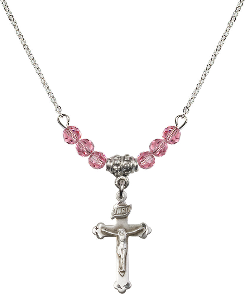 Sterling Silver Crucifix Birthstone Necklace with Rose Beads - 0669