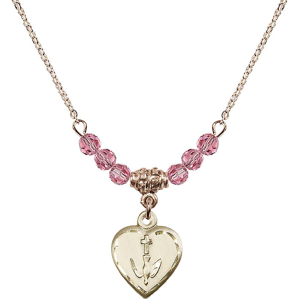 14kt Gold Filled Heart / Confirmation Birthstone Necklace with Rose Beads - 0891