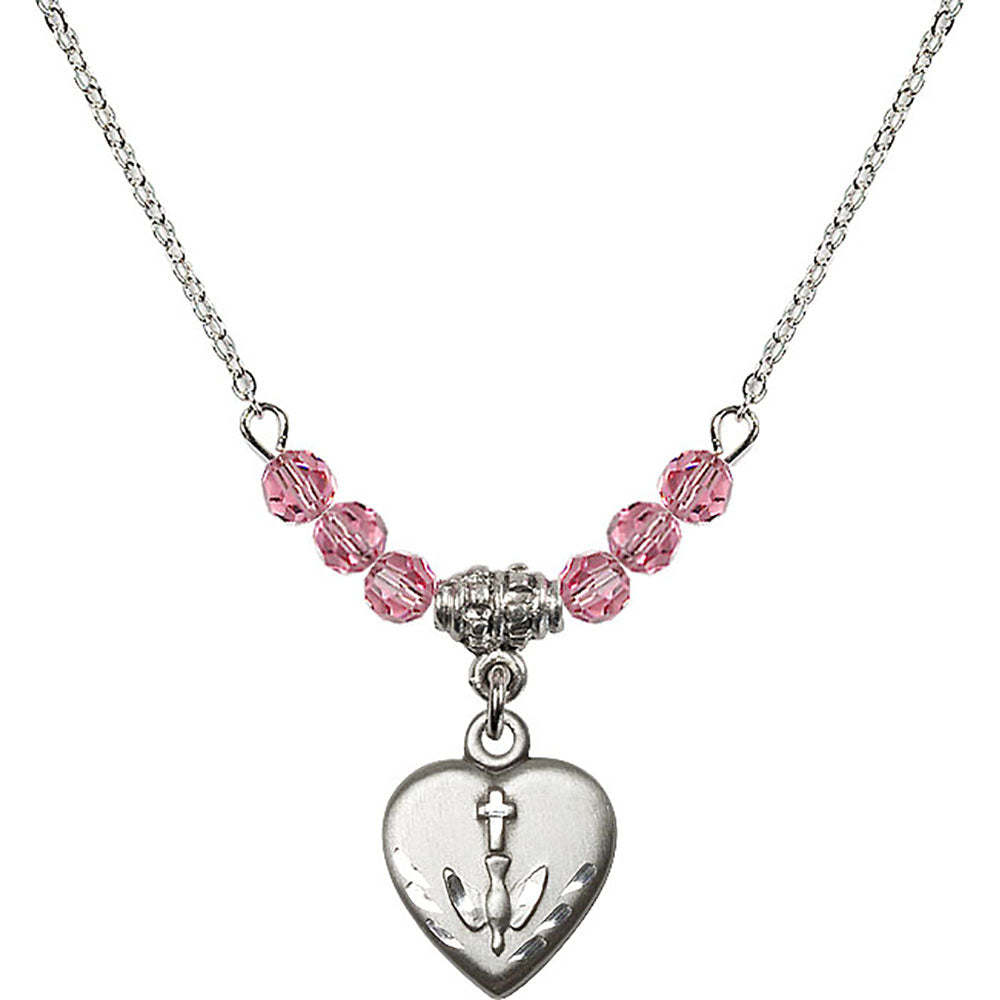Sterling Silver Heart / Confirmation Birthstone Necklace with Rose Beads - 0891