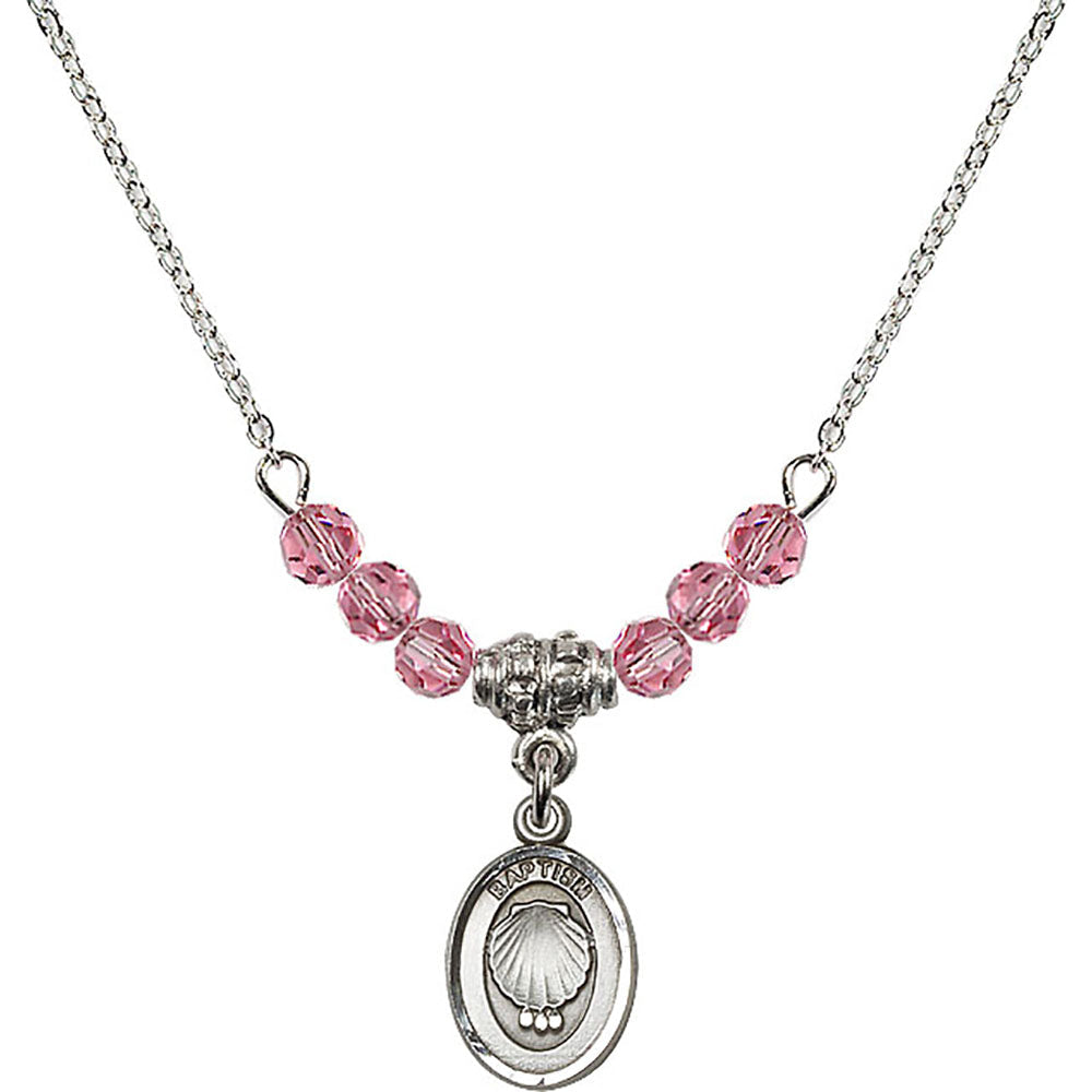 Sterling Silver Baptism Birthstone Necklace with Rose Beads - 0974