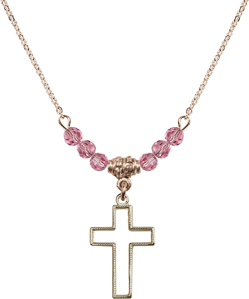 14kt Gold Filled Cross Birthstone Necklace with Rose Beads - 1708