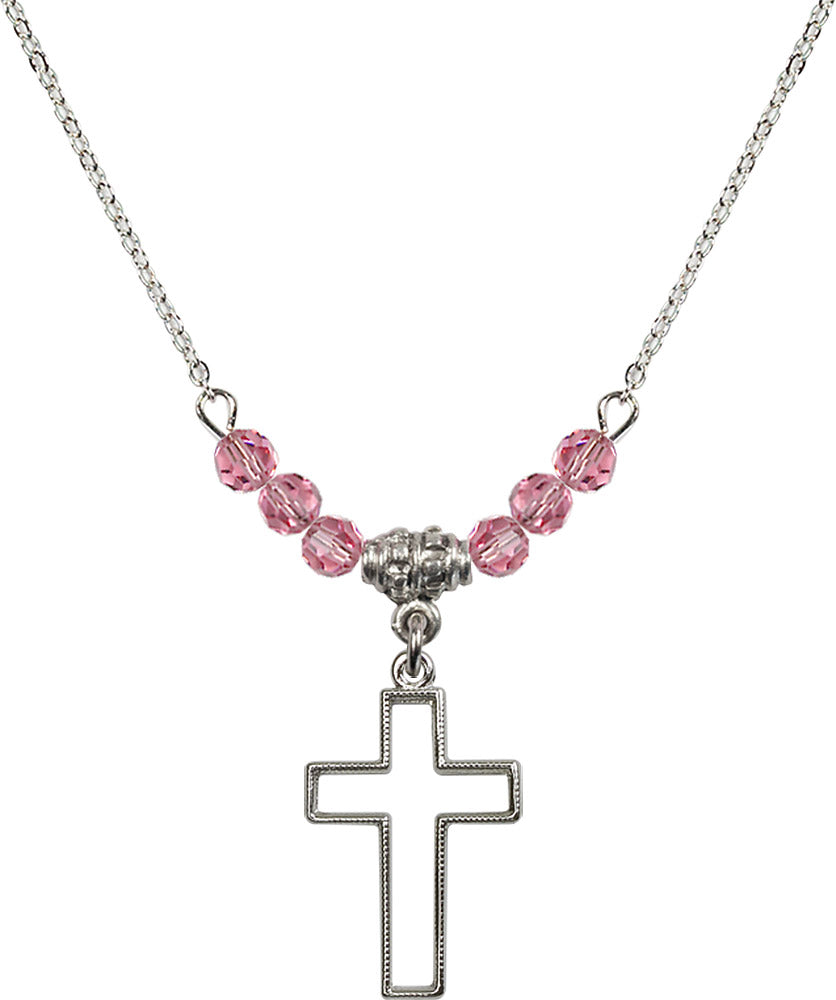 Sterling Silver Cross Birthstone Necklace with Rose Beads - 1708