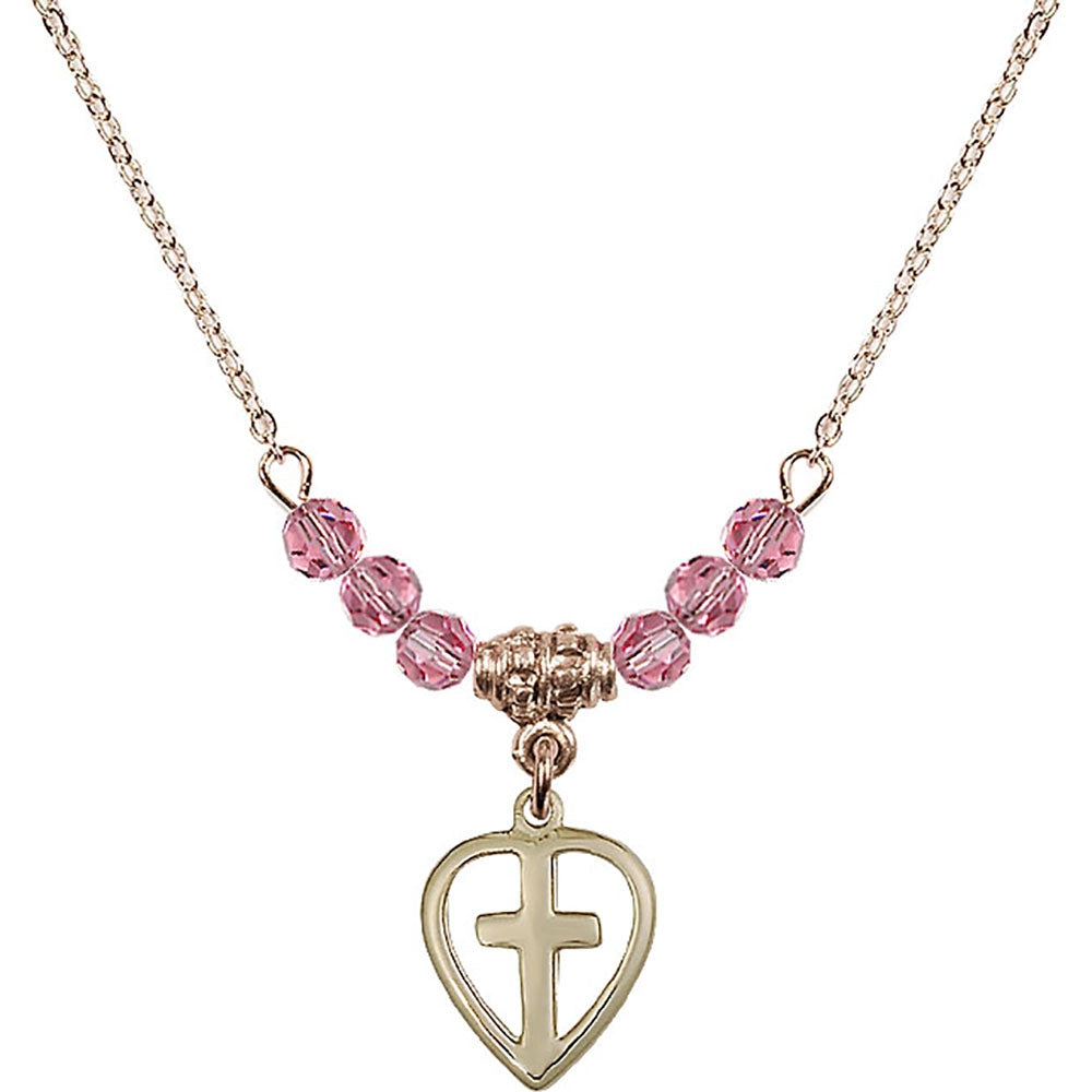 14kt Gold Filled Heart / Cross Birthstone Necklace with Rose Beads - 1709