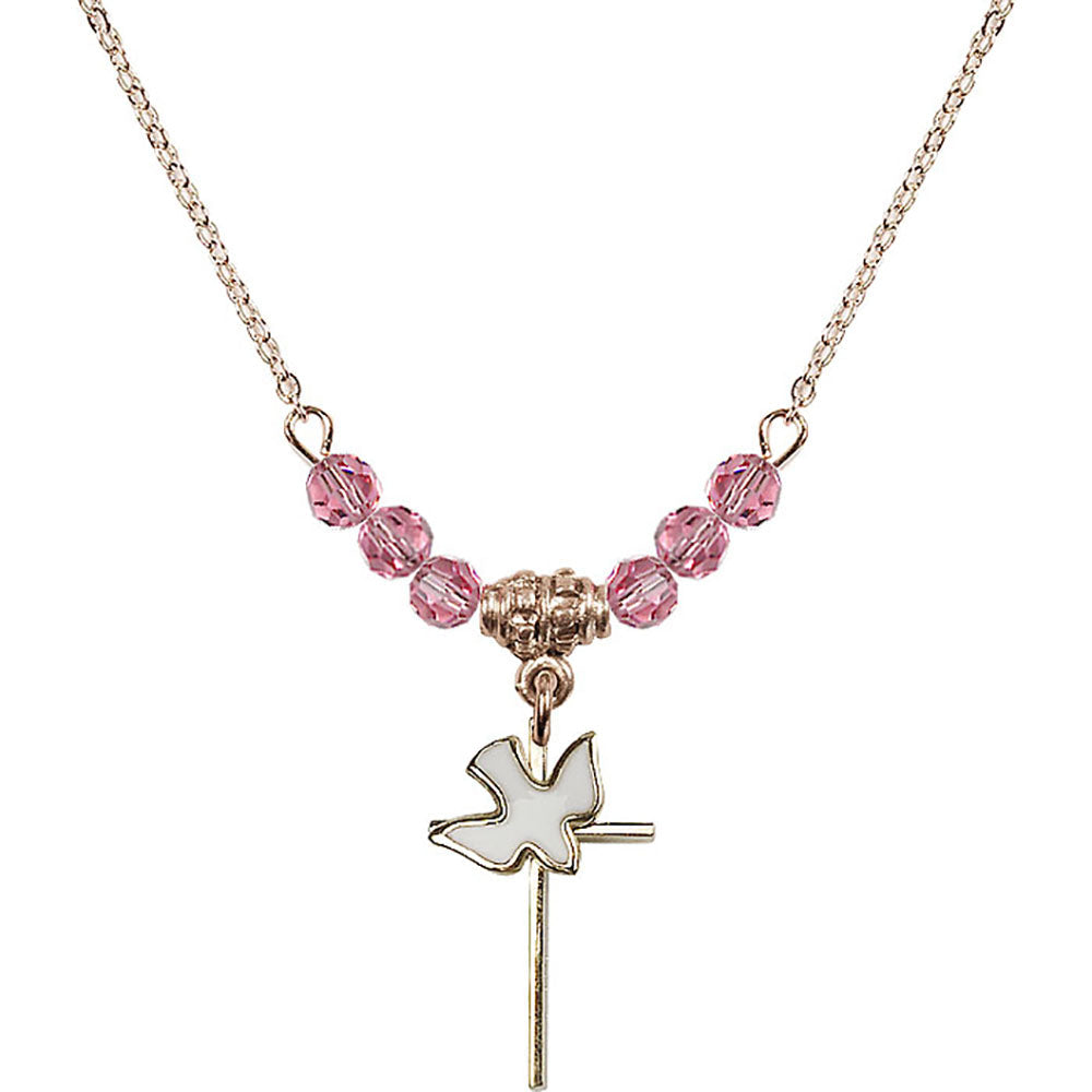 14kt Gold Filled Cross / Holy Spirit Birthstone Necklace with Rose Beads - 1812