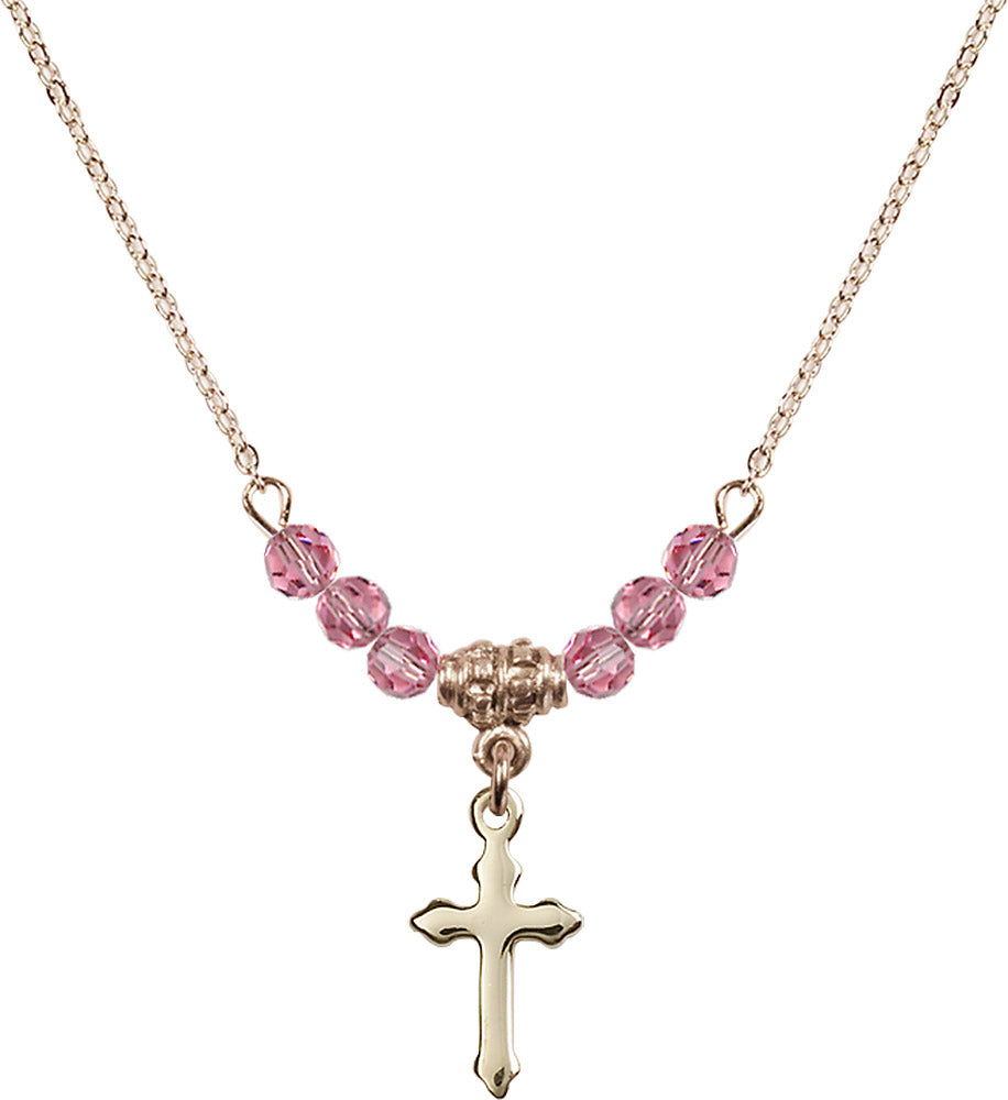 14kt Gold Filled Cross Birthstone Necklace with Rose Beads - 2528