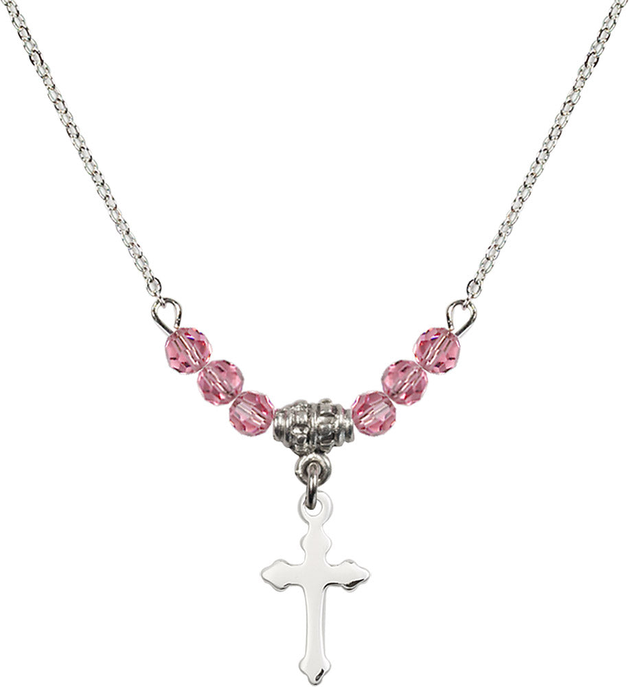 Sterling Silver Cross Birthstone Necklace with Rose Beads - 2528