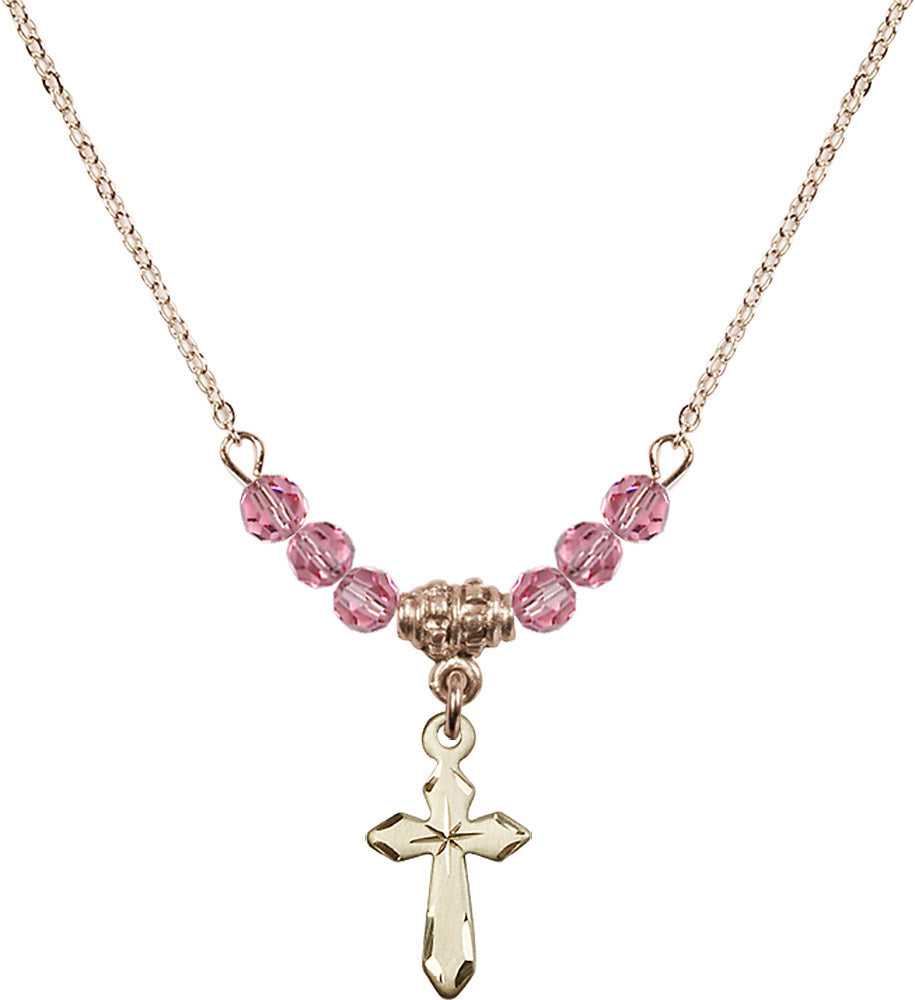 14kt Gold Filled Cross Birthstone Necklace with Rose Beads - 2529