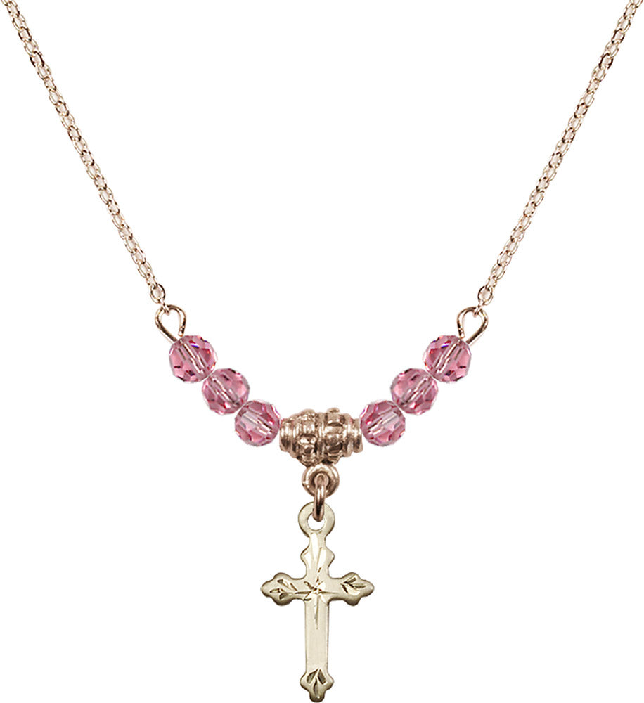 14kt Gold Filled Cross Birthstone Necklace with Rose Beads - 2531