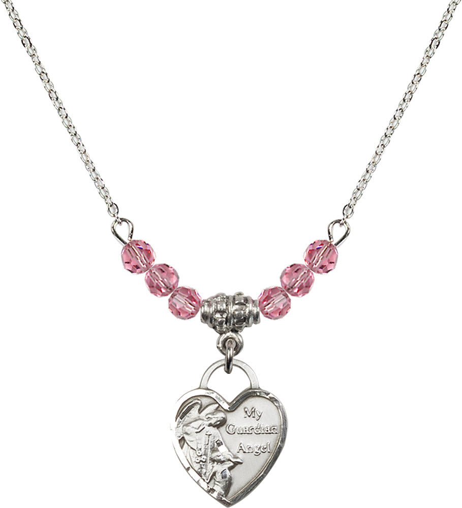 Sterling Silver Guardian Angel Heart Birthstone Necklace with Rose Beads - 3402