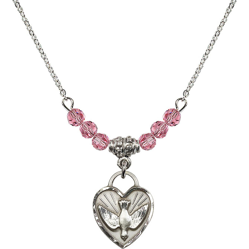 Sterling Silver Confirmation Heart Birthstone Necklace with Rose Beads - 3405