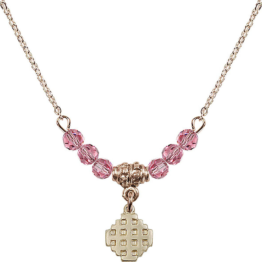 14kt Gold Filled Jerusalem Cross Birthstone Necklace with Rose Beads - 4118