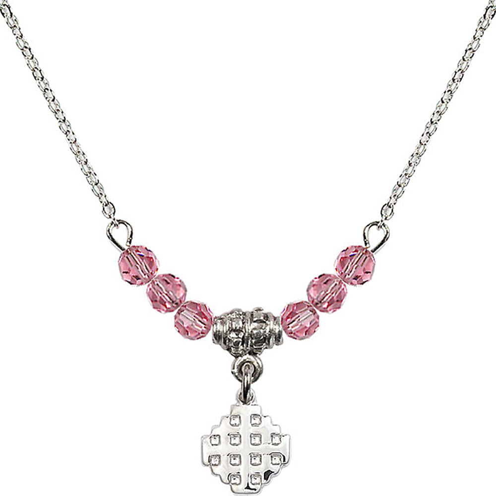 Sterling Silver Jerusalem Cross Birthstone Necklace with Rose Beads - 4118