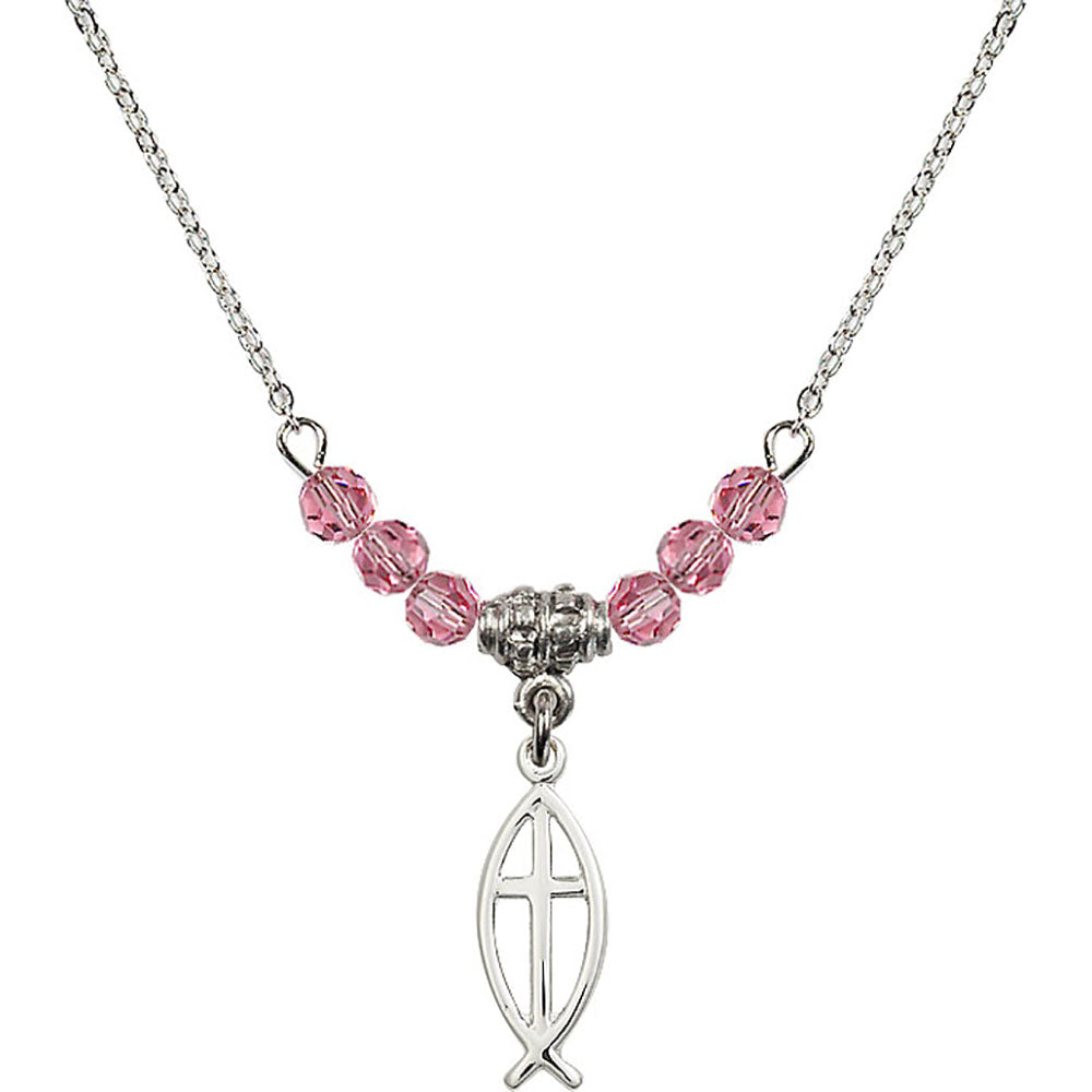Sterling Silver Fish / Cross Birthstone Necklace with Rose Beads - 4251