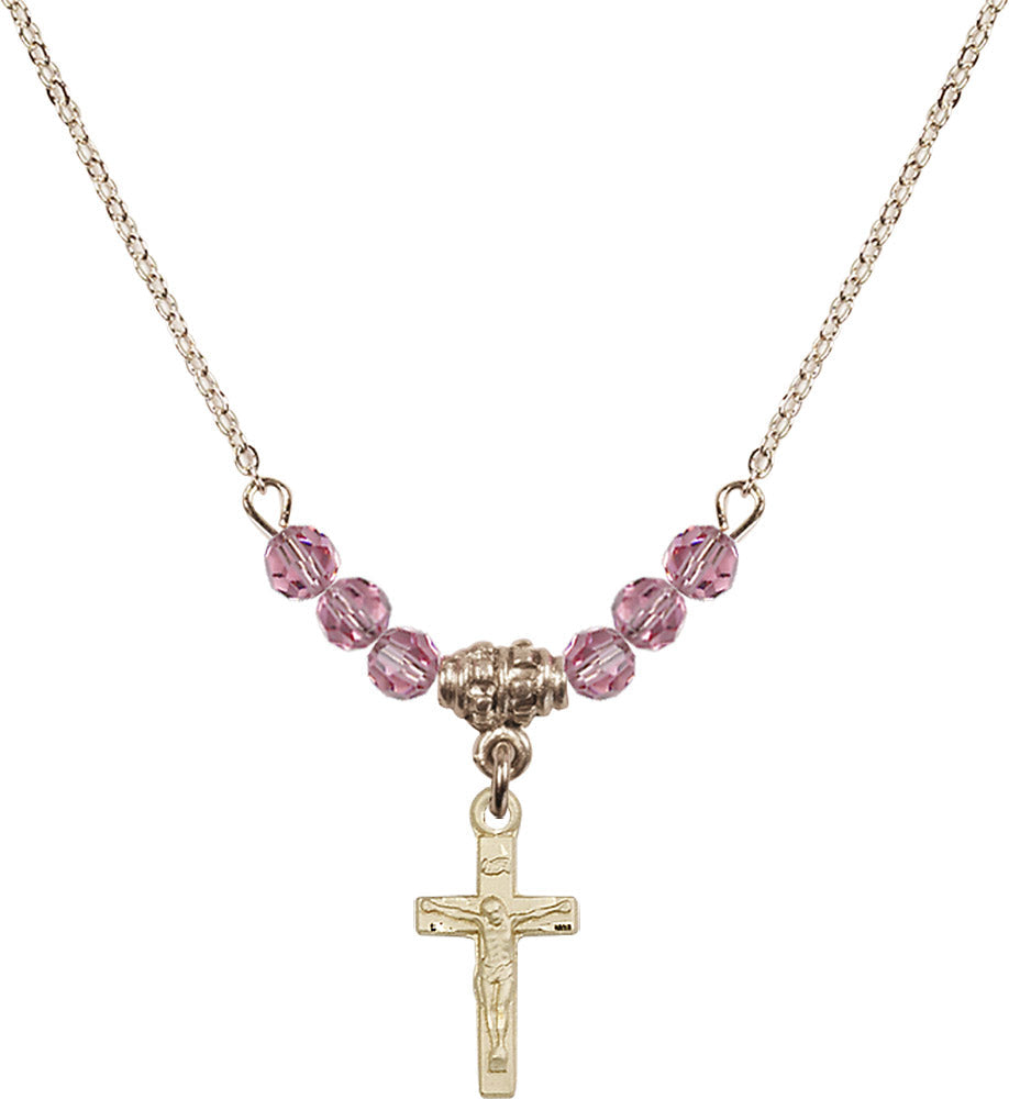 14kt Gold Filled Crucifix Birthstone Necklace with Rose Beads - 5417