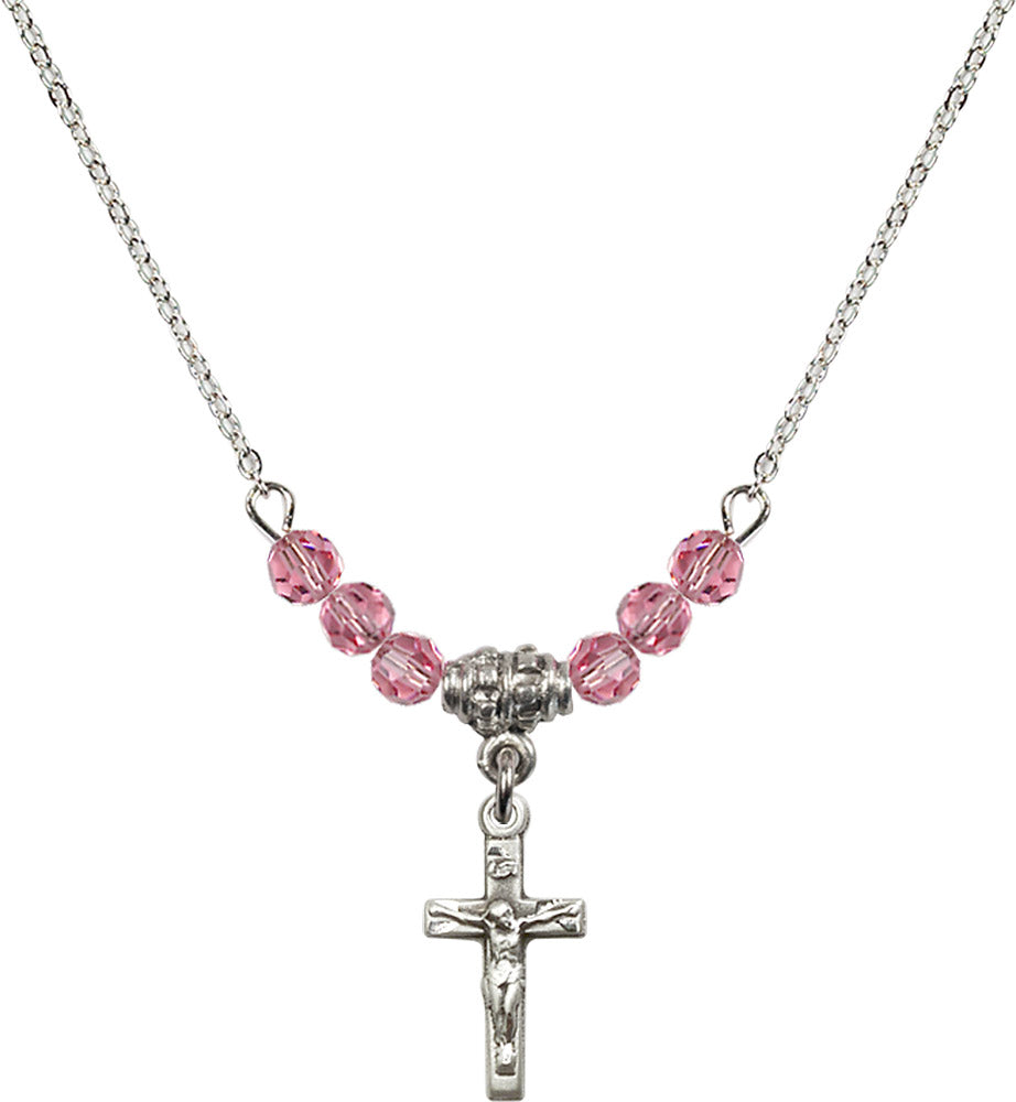 Sterling Silver Crucifix Birthstone Necklace with Rose Beads - 5417