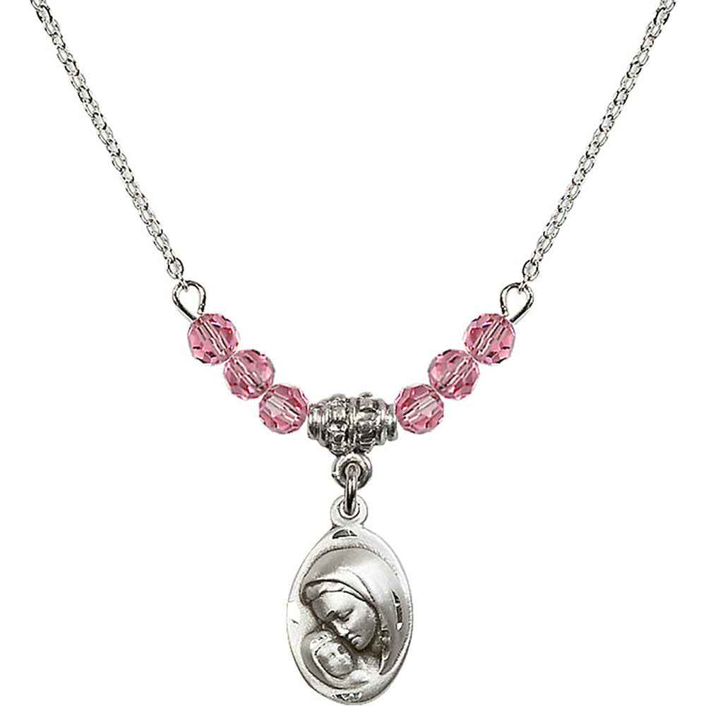 Sterling Silver Madonna & Child Birthstone Necklace with Rose Beads - 5447