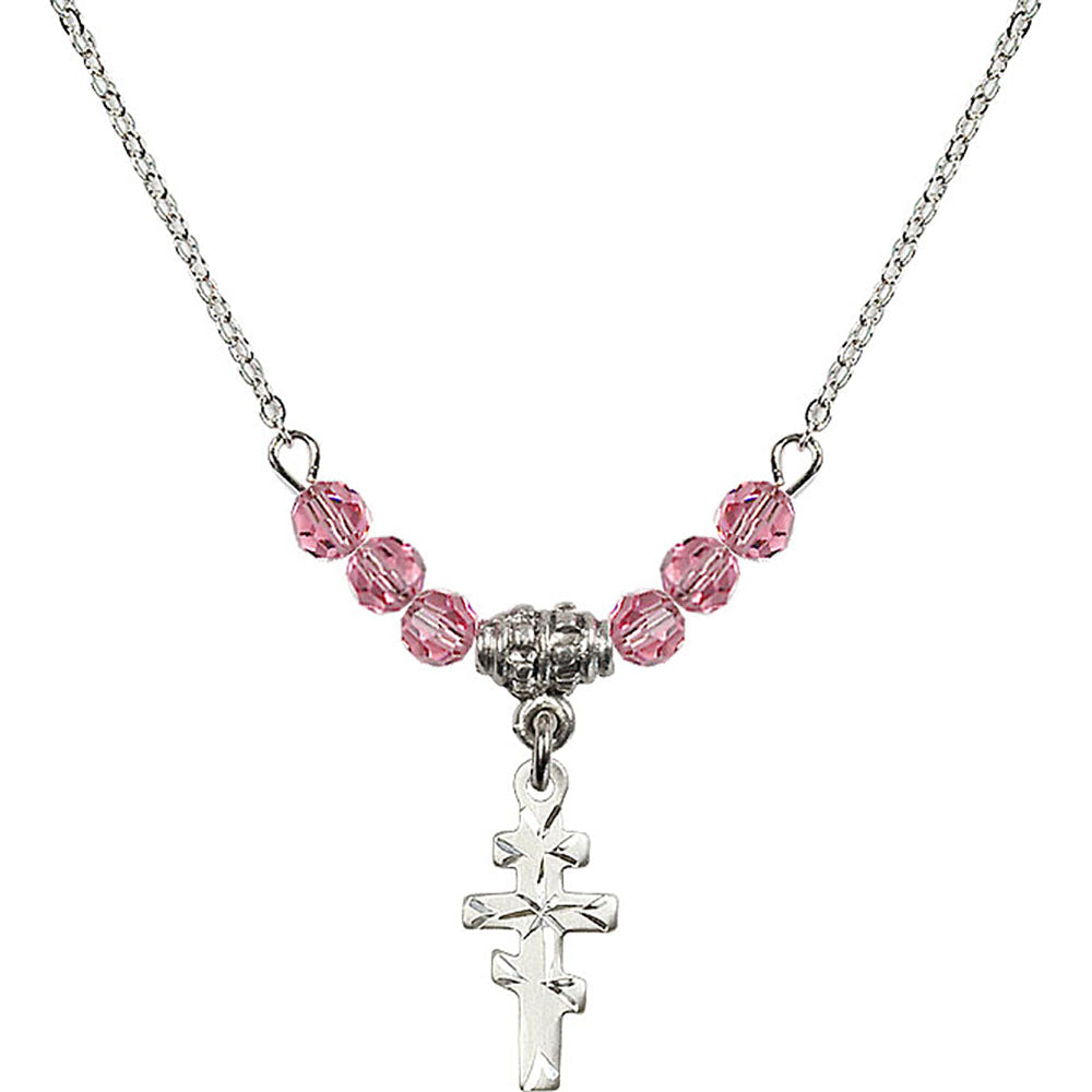 Sterling Silver Greek Orthadox Cross Birthstone Necklace with Rose Beads - 5654