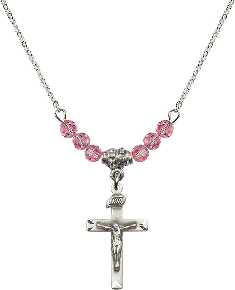 Sterling Silver Crucifix Birthstone Necklace with Rose Beads - 5668