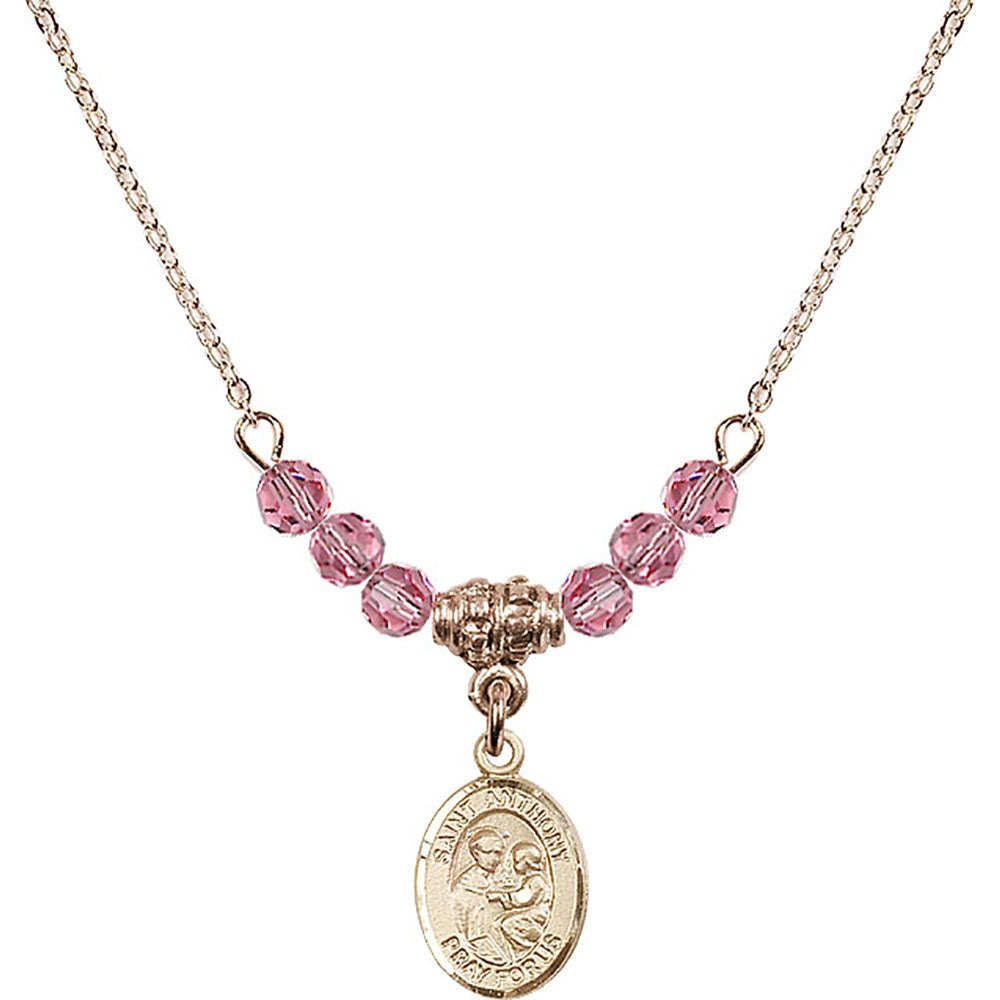 14kt Gold Filled Saint Anthony of Padua Birthstone Necklace with Rose Beads - 9004
