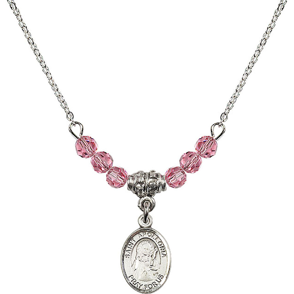 Sterling Silver Saint Apollonia Birthstone Necklace with Rose Beads - 9005