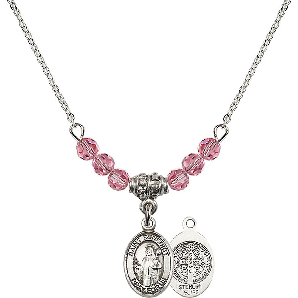 Sterling Silver Saint Benedict Birthstone Necklace with Rose Beads - 9008