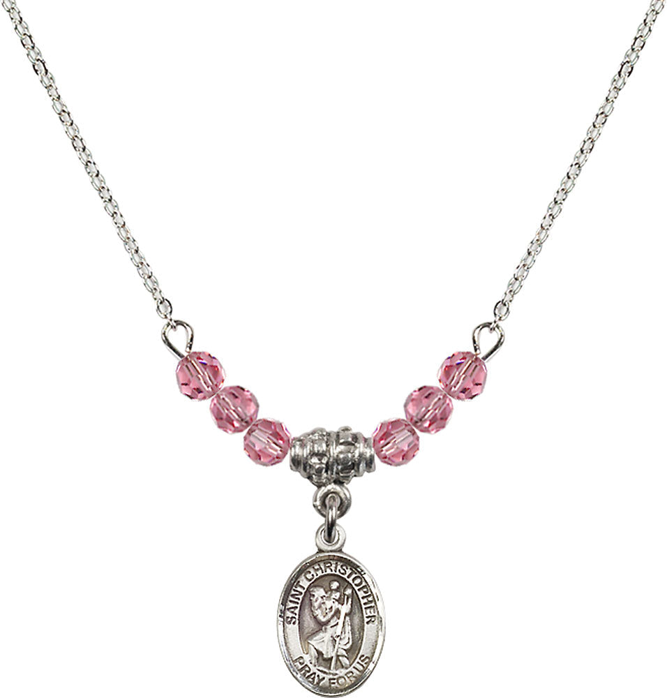 Sterling Silver Saint Christopher Birthstone Necklace with Rose Beads - 9022