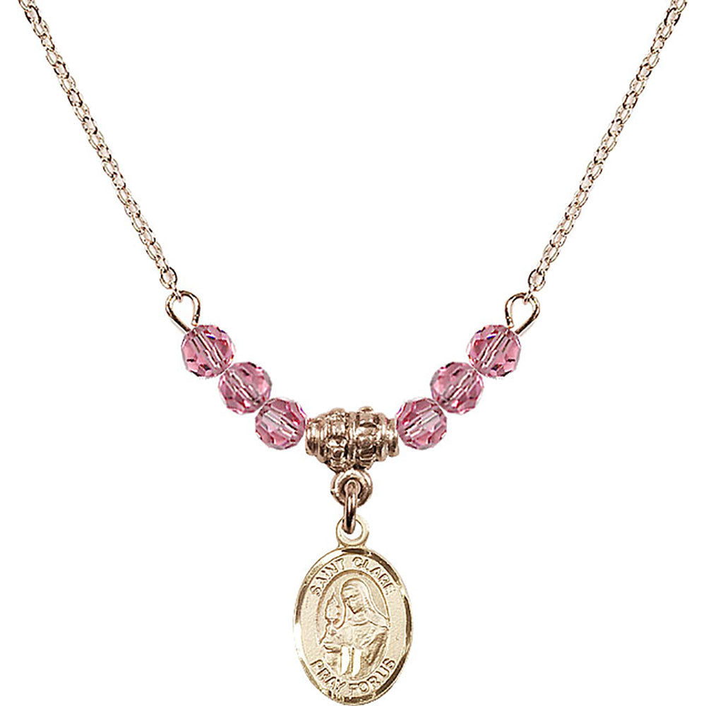 14kt Gold Filled Saint Clare of Assisi Birthstone Necklace with Rose Beads - 9028