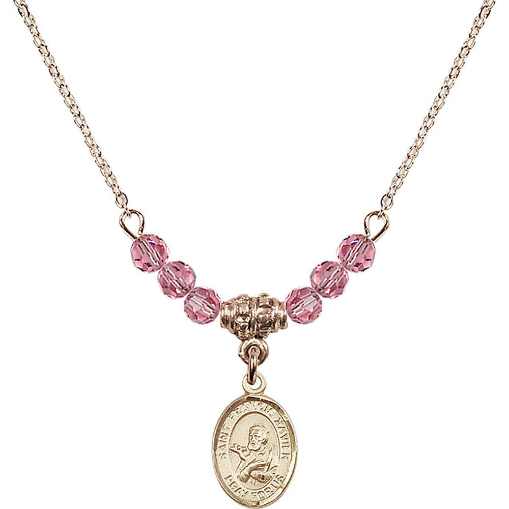 14kt Gold Filled Saint Francis Xavier Birthstone Necklace with Rose Beads - 9037